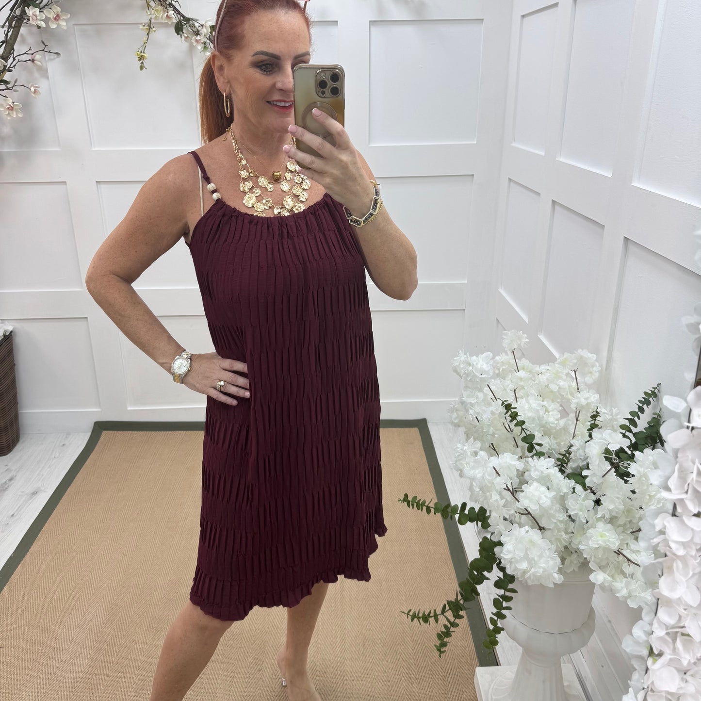 Thea: Burgundy waffle beaded strappy dress. One size 14-20