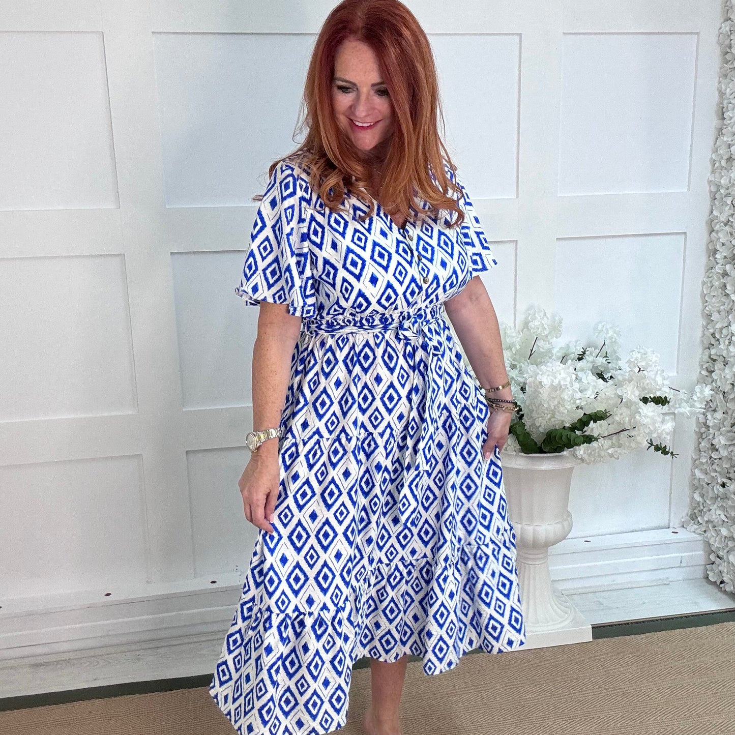 Yamina: Blue & white diamond V neck midi dress. 4 sizes
