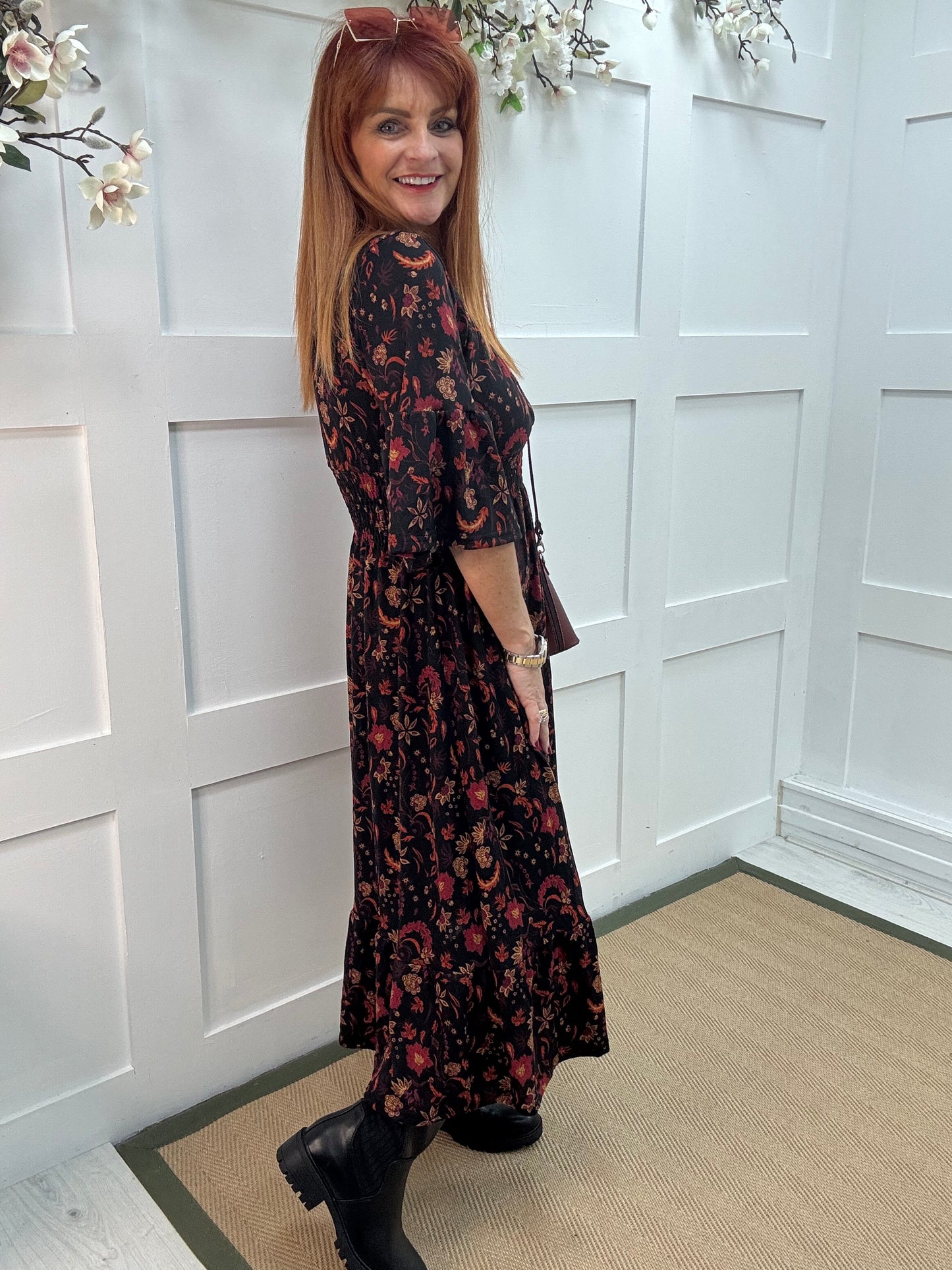 Katia: Black & burgundy floral midi dress. 3 sizes