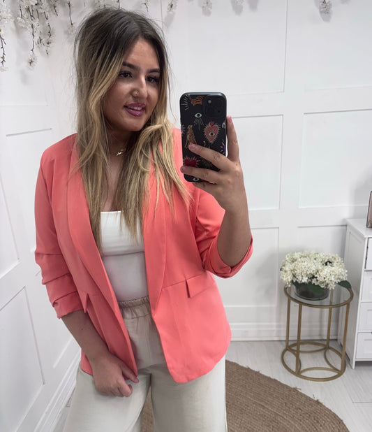 Jody: Coral ruched sleeve blazer. Sizes 10-18