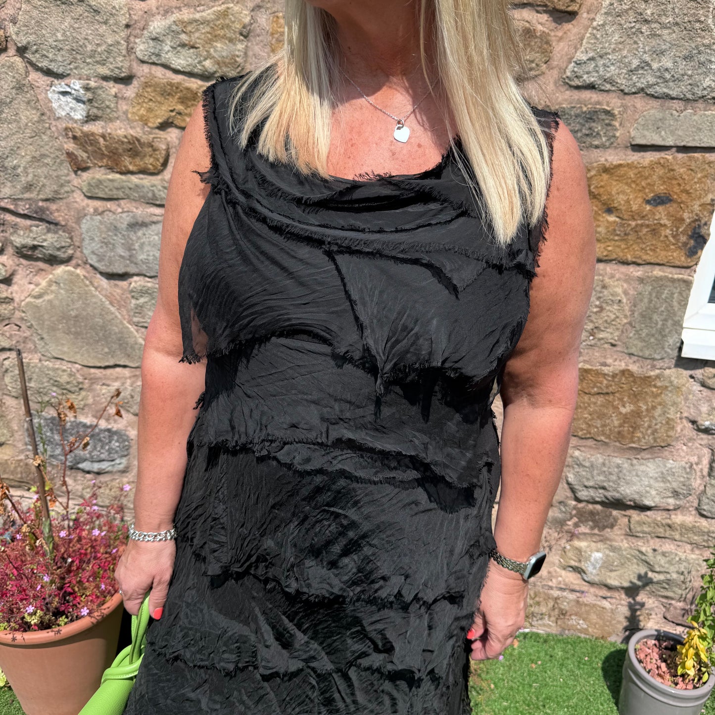 Alexa: Black silk layered ruffle dress. One size: 14-18