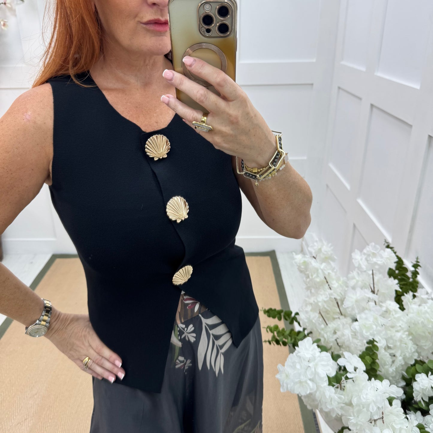 Laura: Black fine knit gold shell waistcoat. 2 sizes