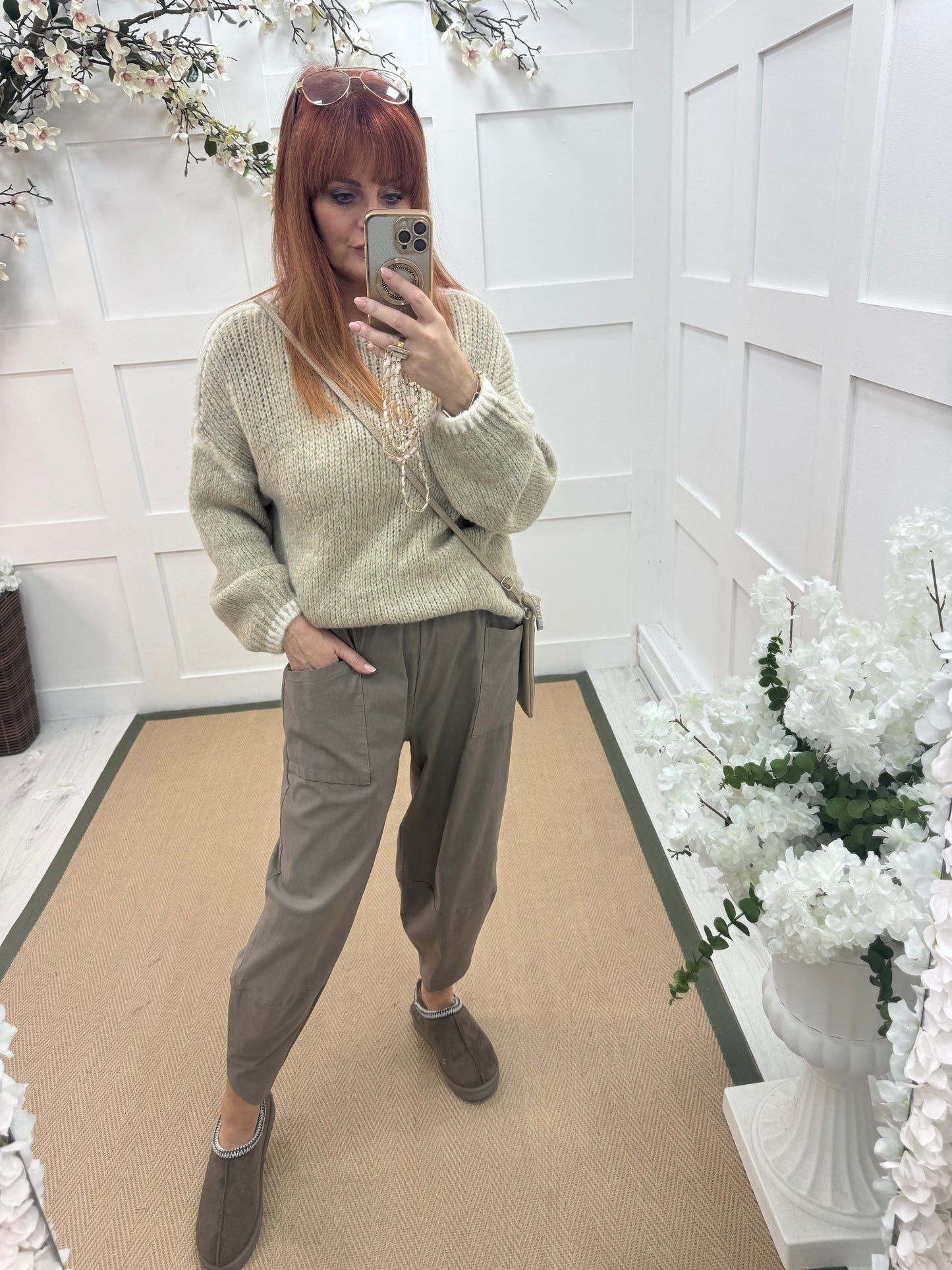 Odette: Beige slouchy knit knitted jumper. One size: 12-18
