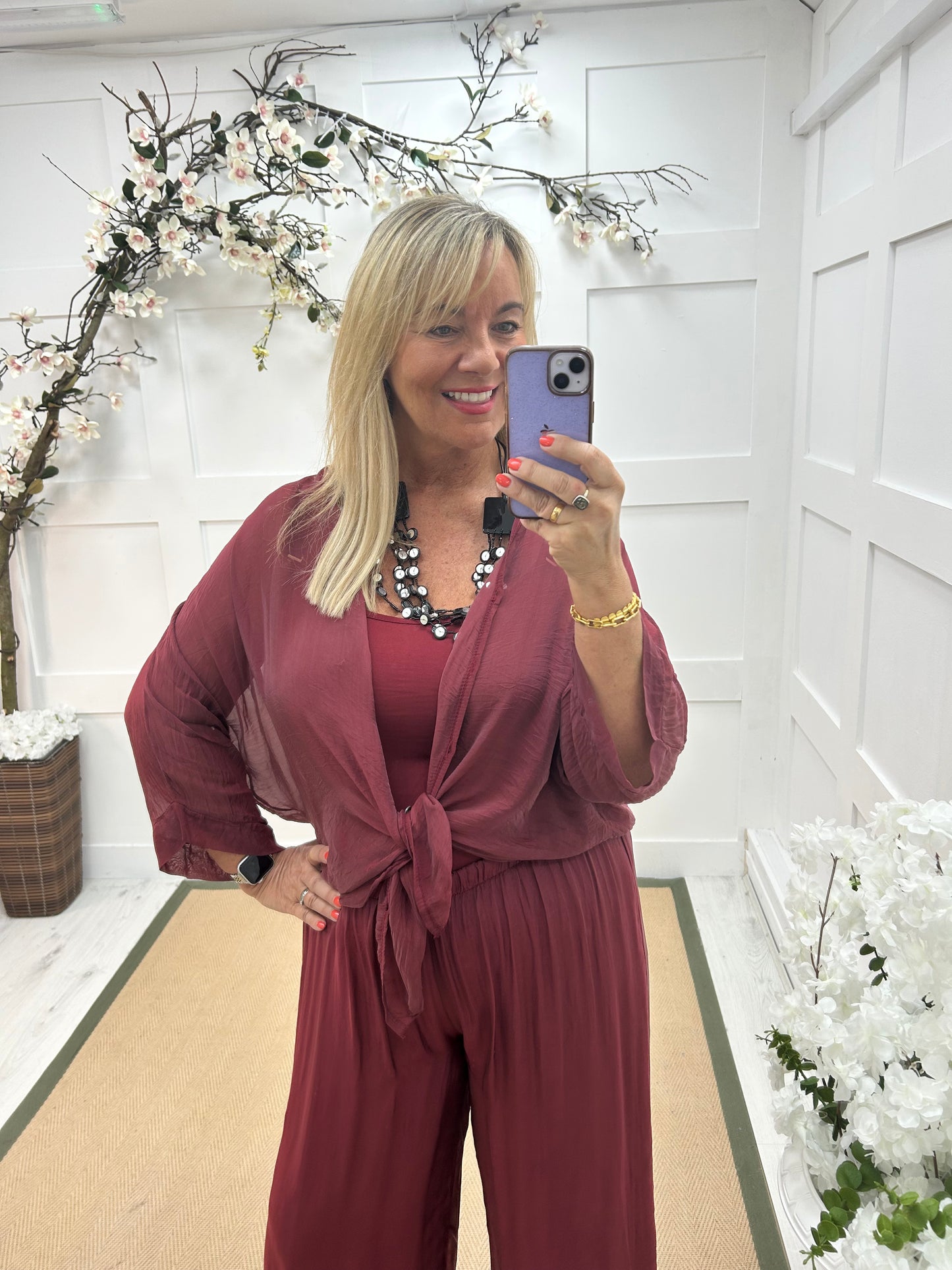 Vienna: Burgundy V neck silk long sleeve top. One size: 12-20