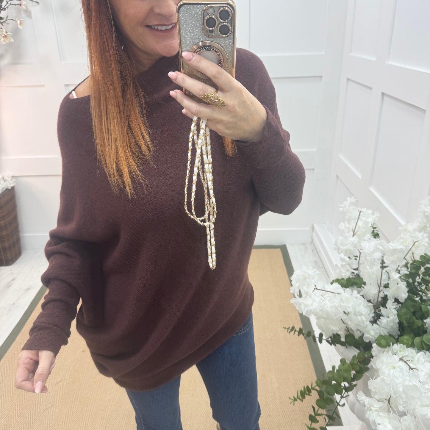 Erica: Brown asymmetrical slouch soft knit top. One size 10-18