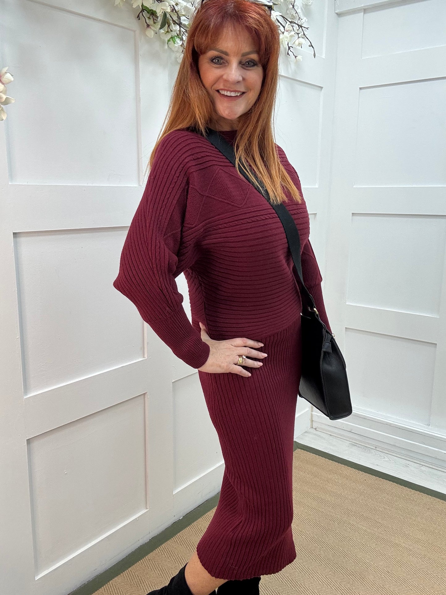 Sloane: Burgundy jumper & dress set. One size: 8-14