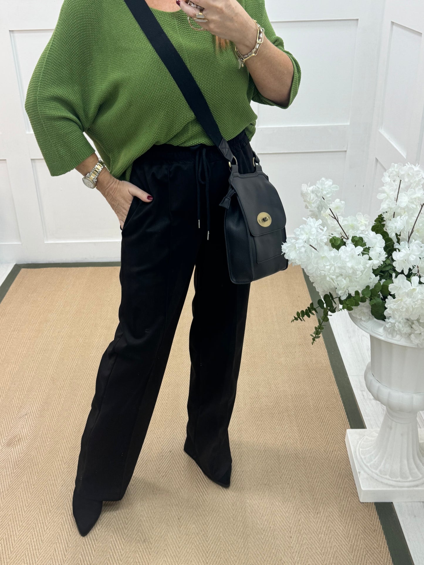 Sadie: Black suedette wide leg pocket trousers. One size: 10-16