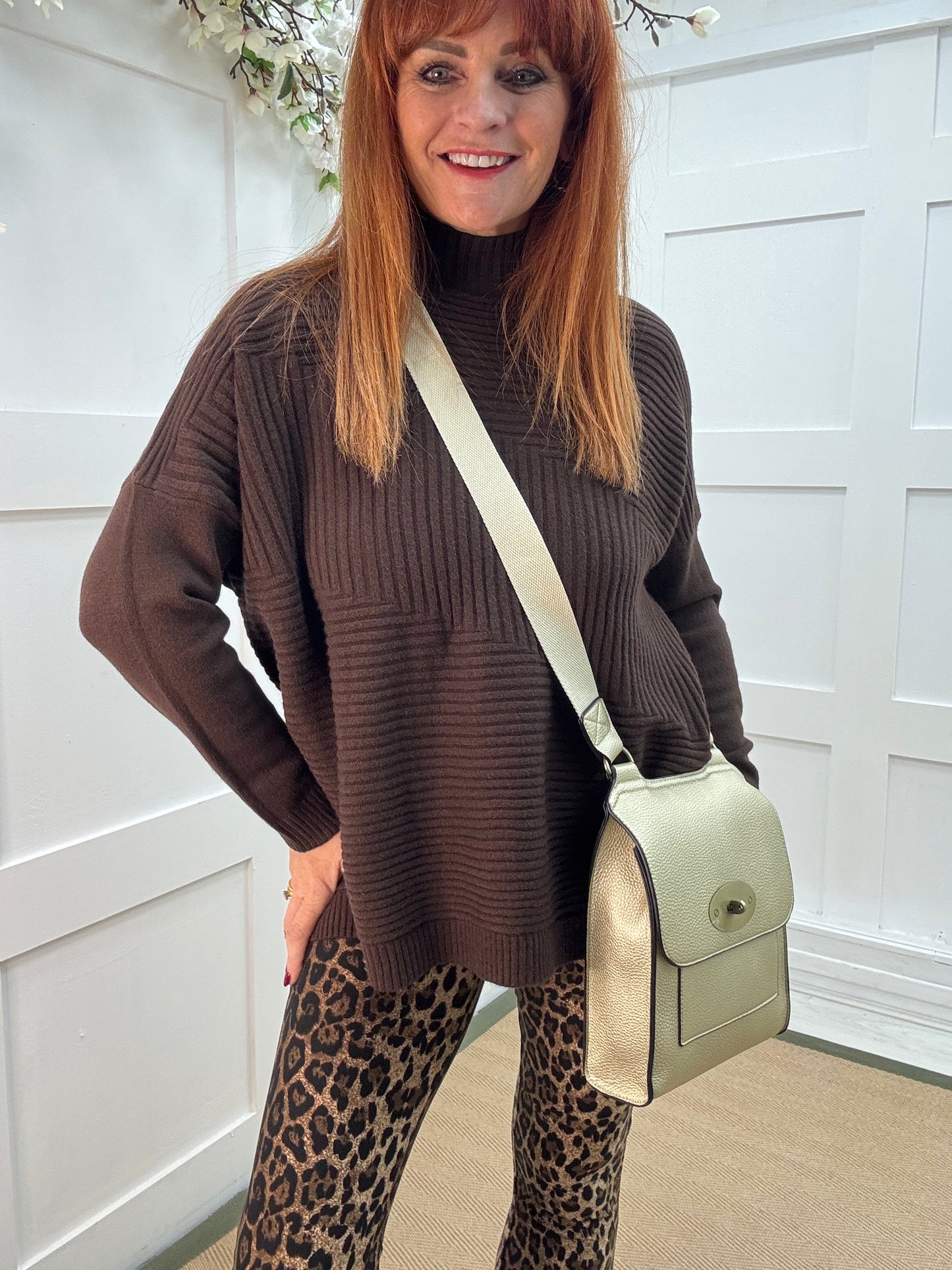 CJ: Brown high neck knitted top. One Sz: 12-18