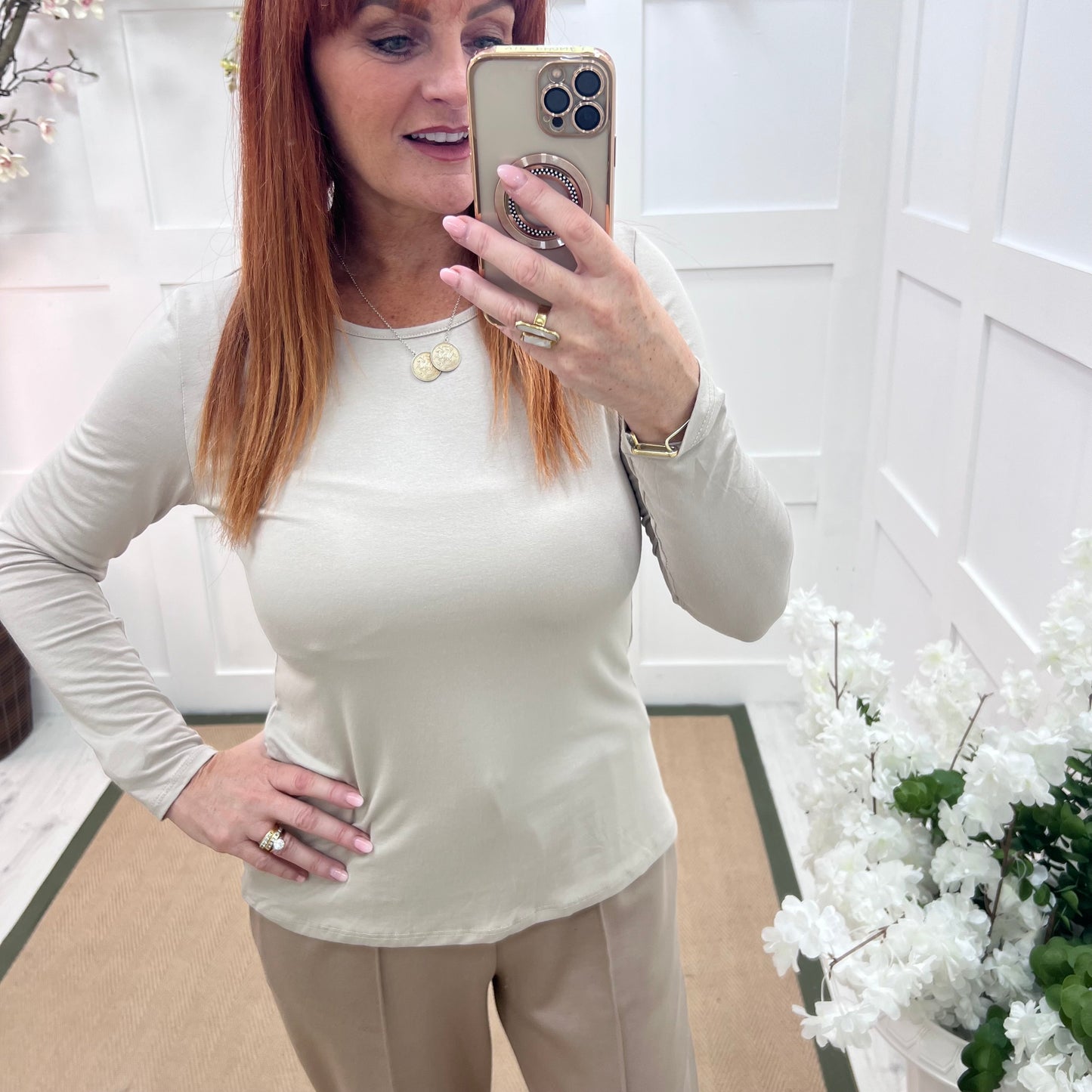 Bessie: Cream basic long sleeve top. One size: 10-16/18