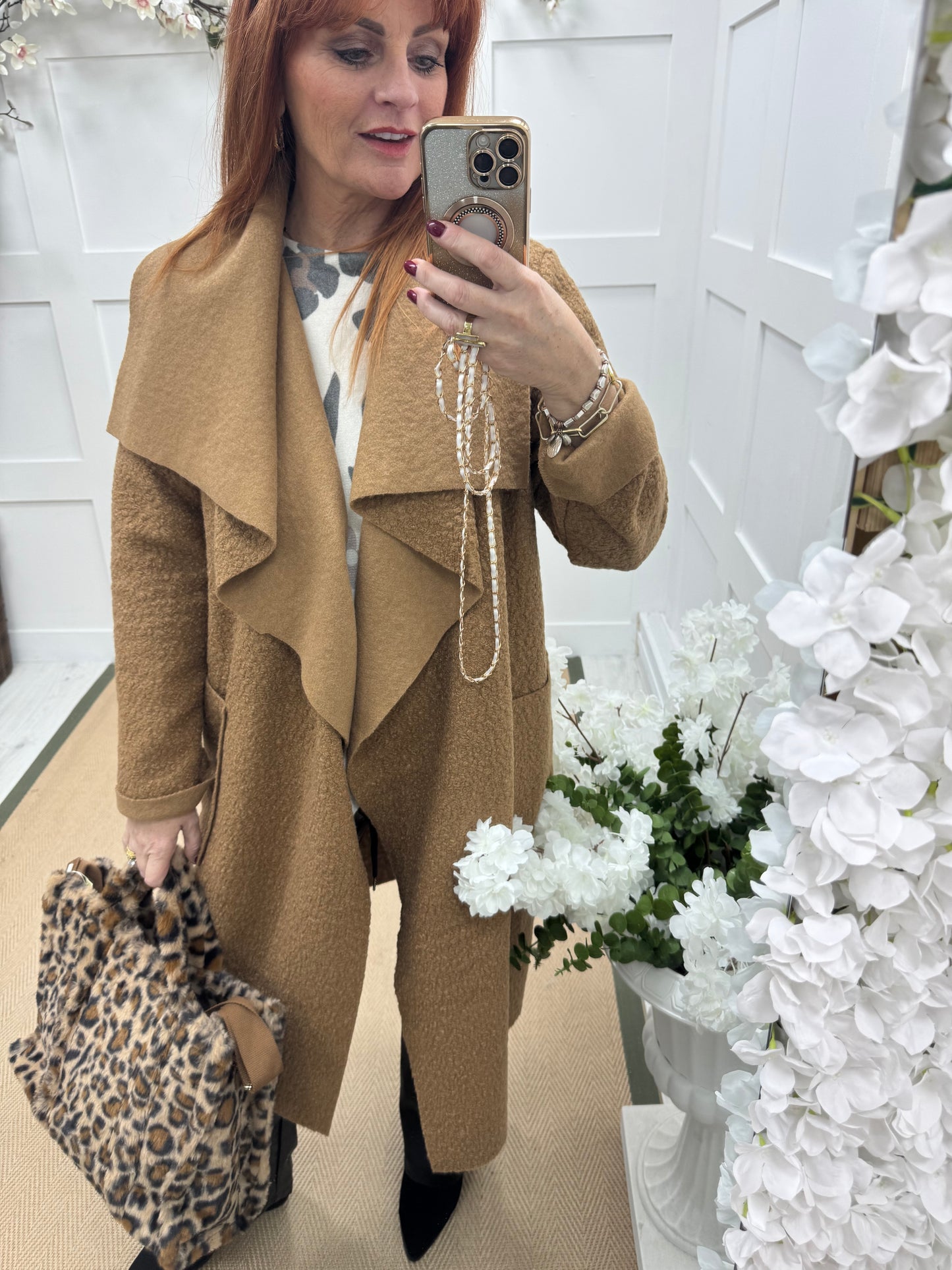 Kathie: Camel boucle coat with pockets. One size 12-18