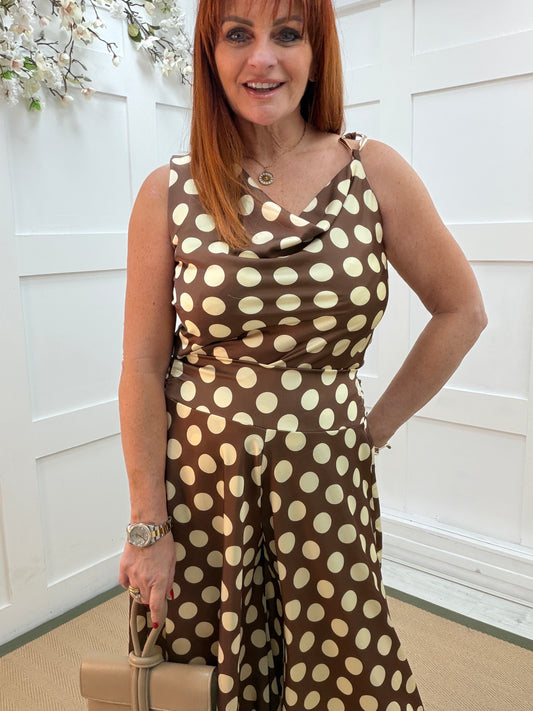 Lucia: Lemon & brown spot co ord trouser set. One size 8-12