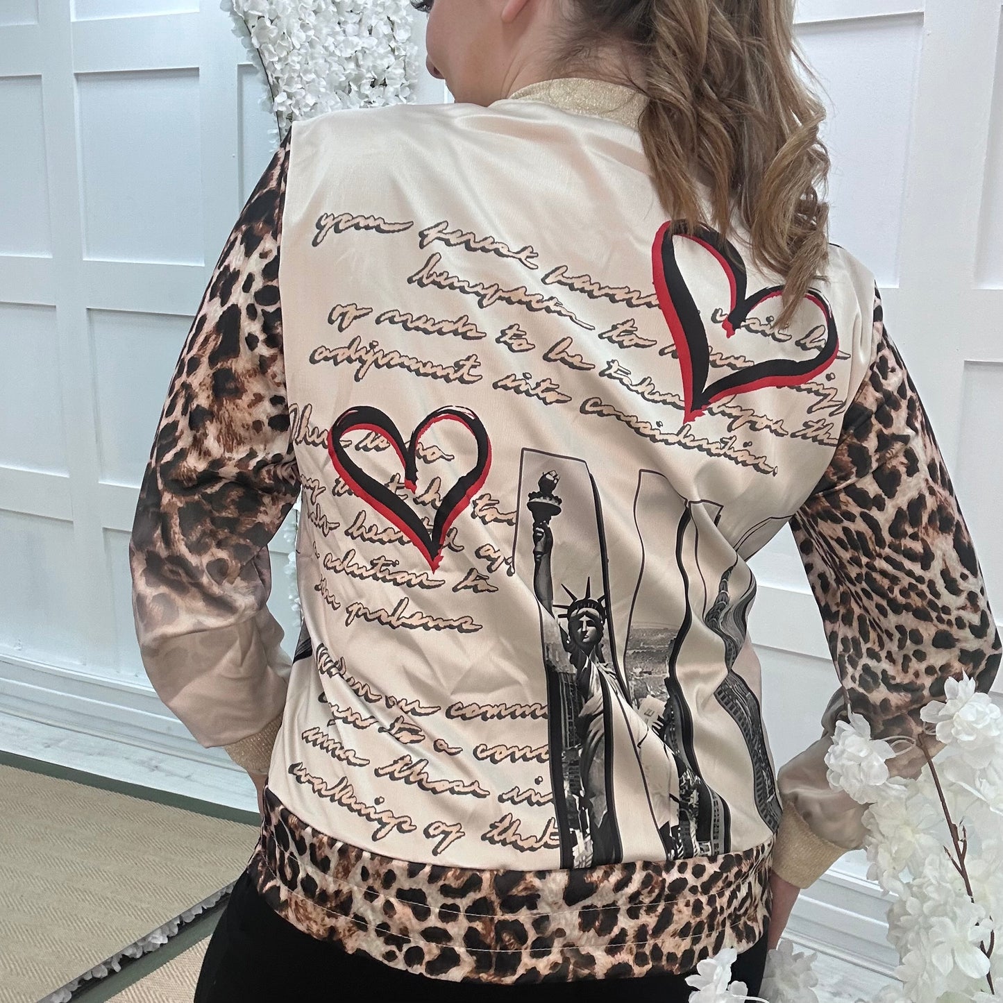 Jada: Silky leopard print & heart bomber jacket. One size: 10-16