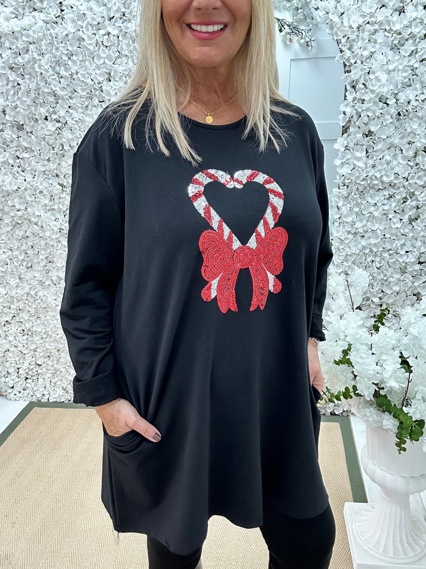 Candice: Black candy cane oversized top. One size: 16-20