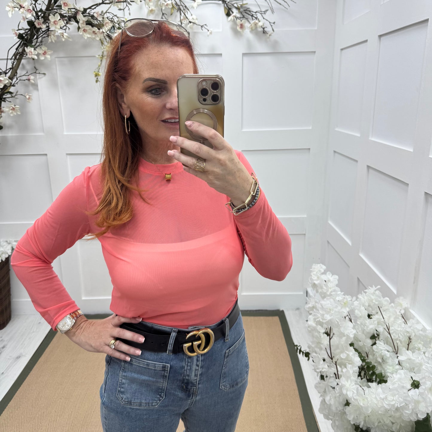 Romy: Coral sheer mesh top. One Sz: 12-18