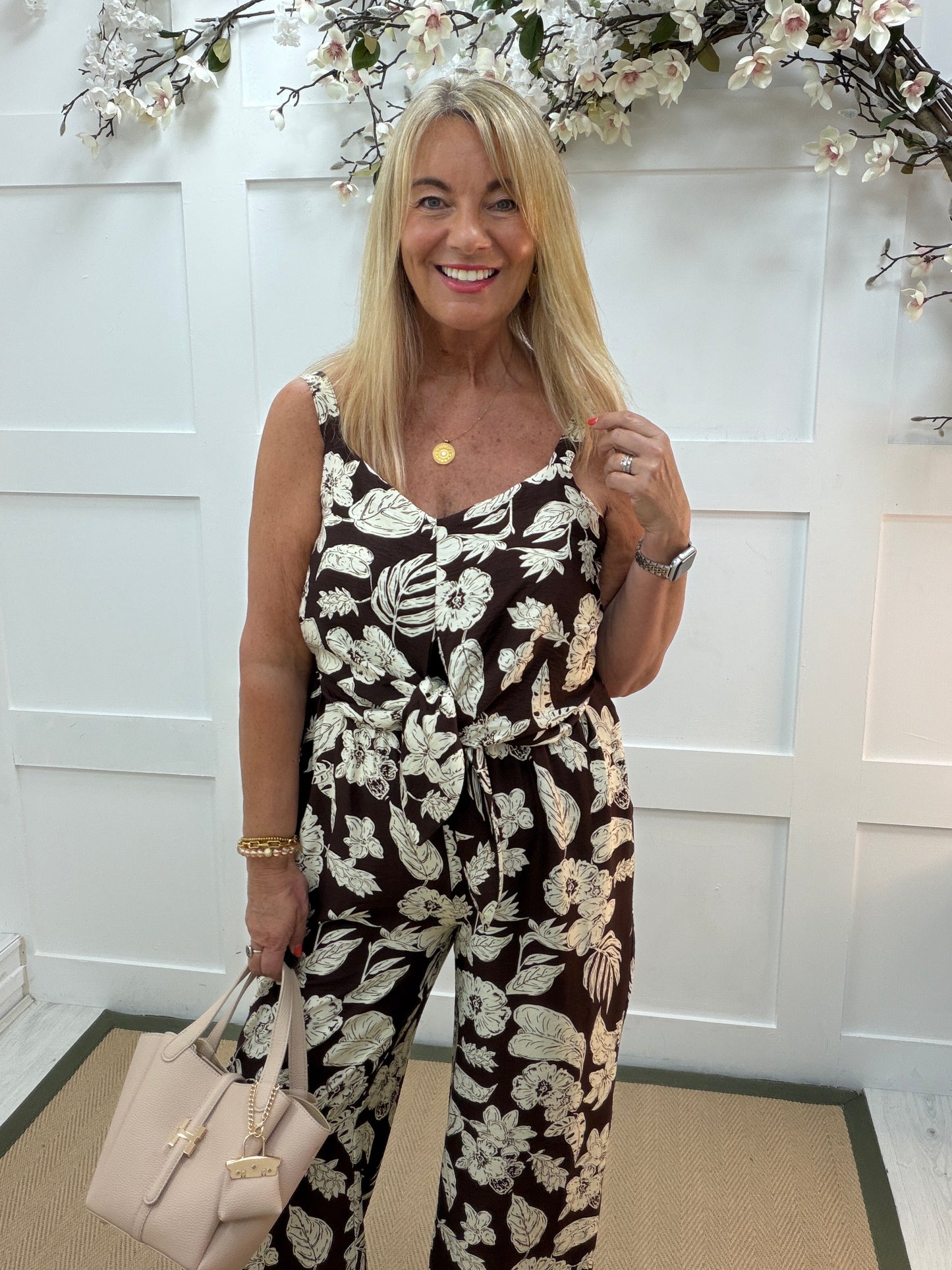 Faith: Brown & cream floral printed wide leg jumpsuit. 4 sizes