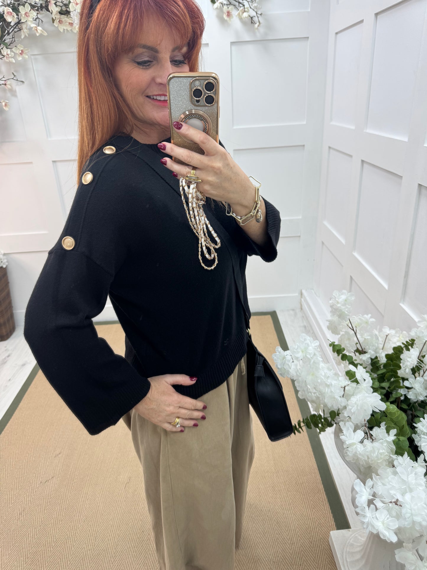 Lorna: Black gold button knitted top. One Sz: 10-16