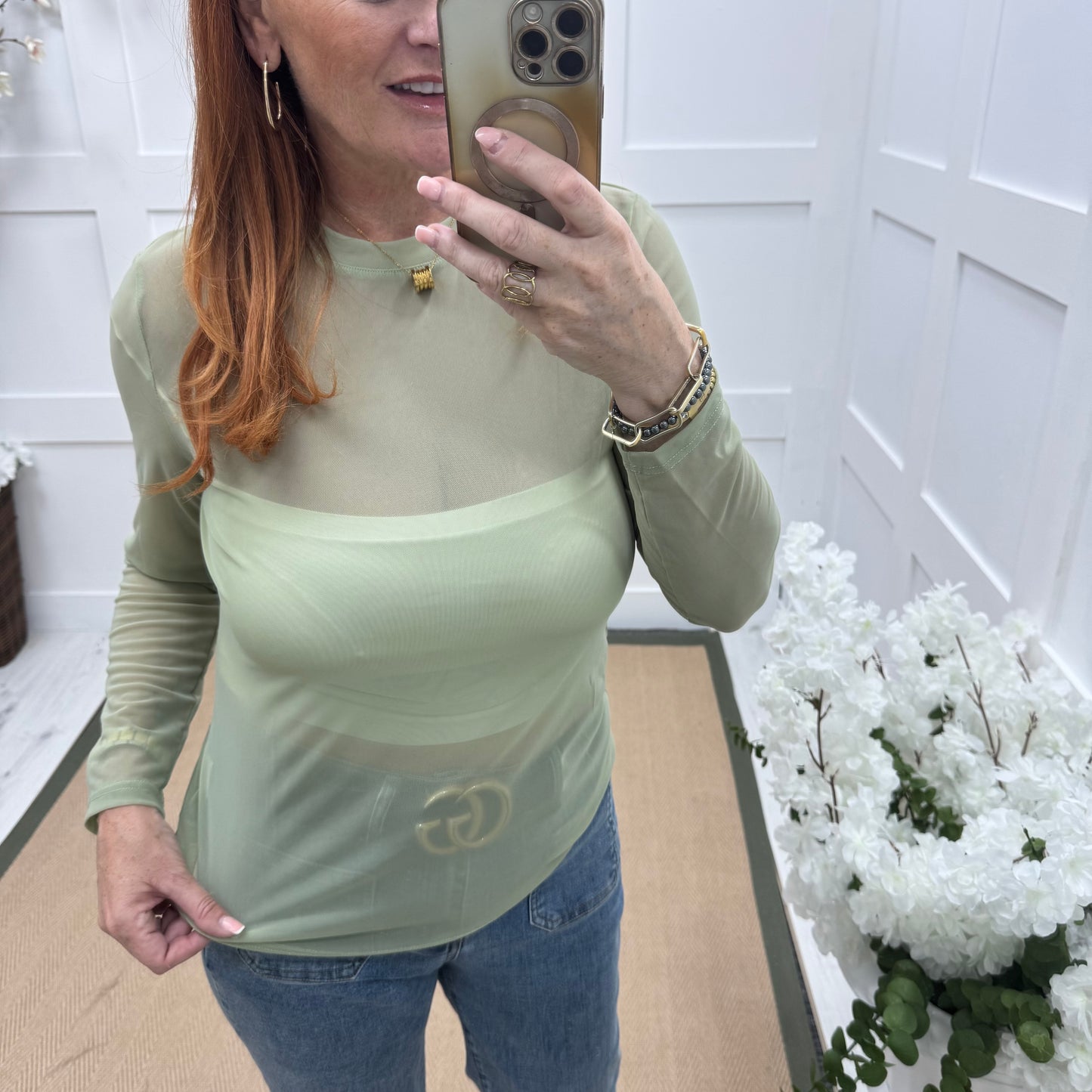 Romy: Sage green sheer mesh top. One Sz: 12-18