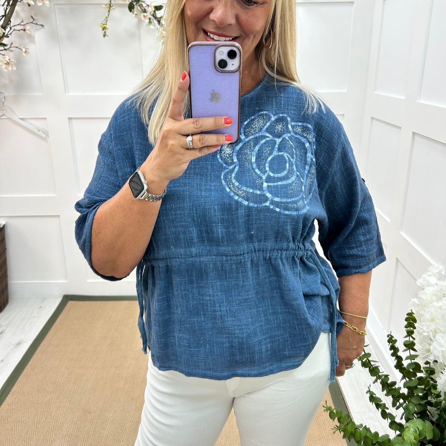 Marisol: Denim blue Made in Italy cotton flower top. Sizes: 16-20