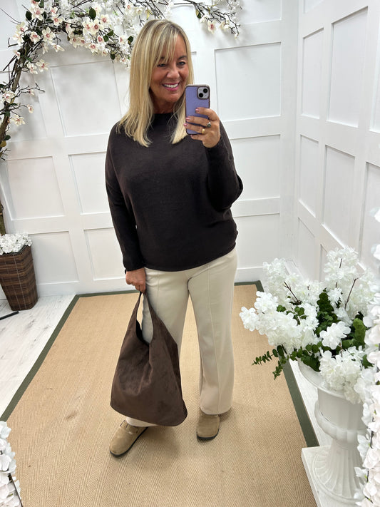 Sammi: Dark brown batwing knitted top. One size: 12-18/20