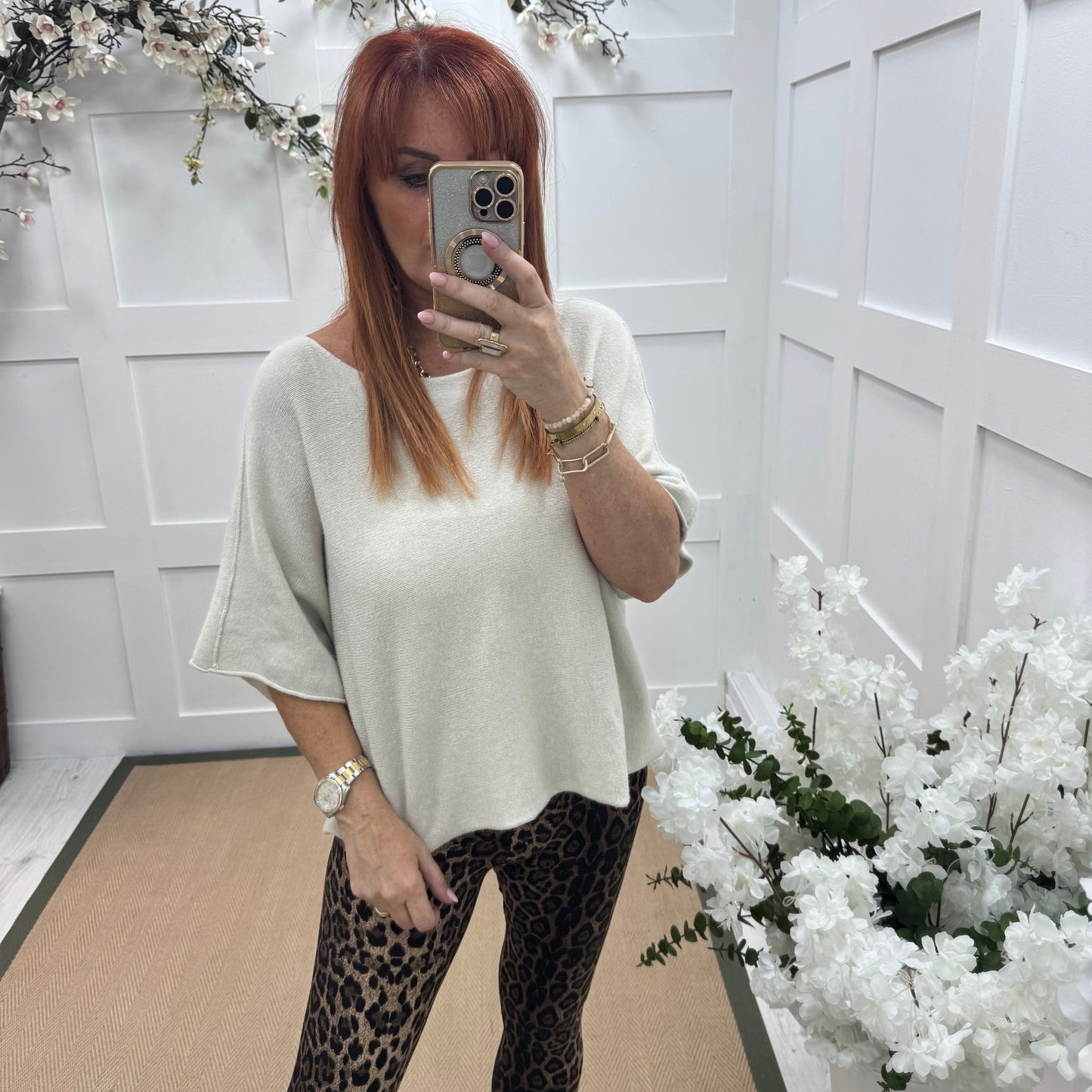 Carys: Cream short knitted top. One size: 12-18
