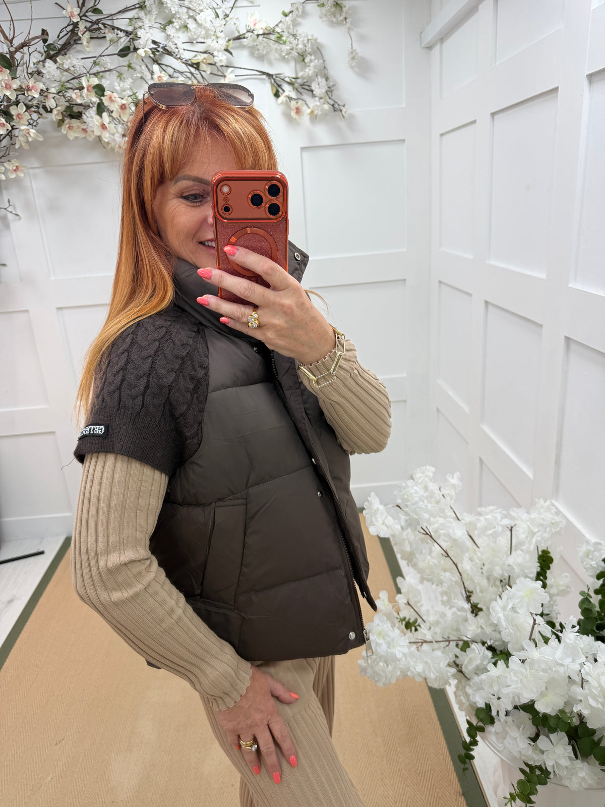 Gilly: Cable knit sleeve padded gilet. One size: 10-16. 2 colours