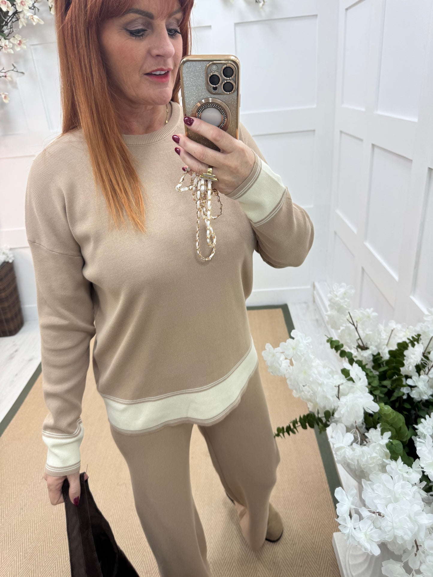Daisy: Sand 2 piece knitted loungewear set. One size 10-16