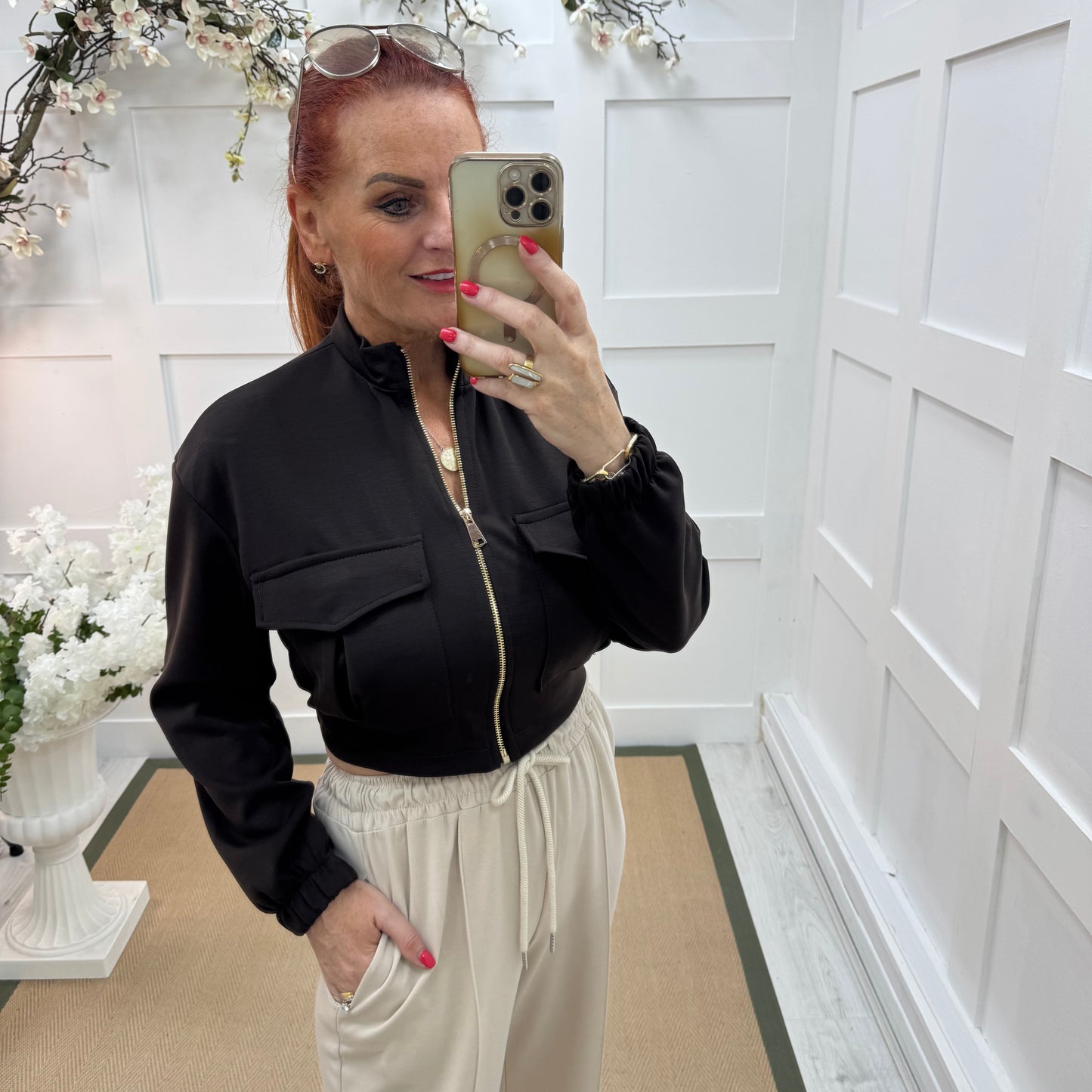 Bunty: Brown stretchy short bomber jacket. One size: 8-16