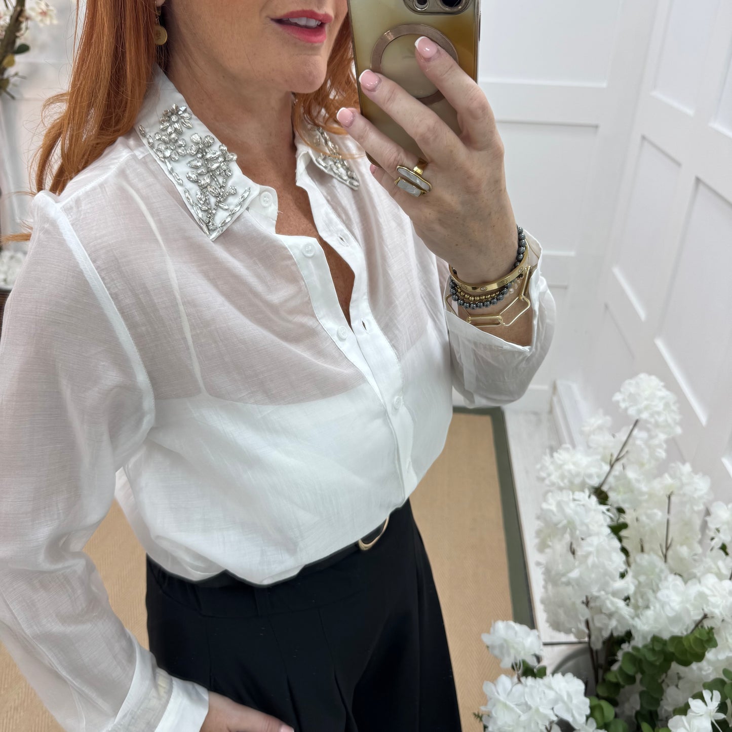 Azira: White rhinestone collar sheer shirt. One size: 10-16