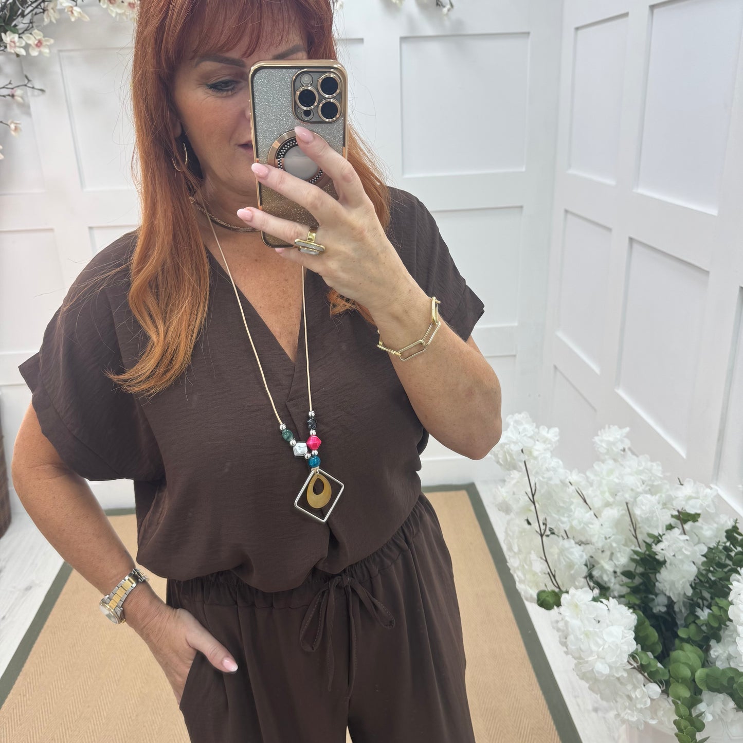 Eliza: Brown V neck top & pendant. One size: 14-20