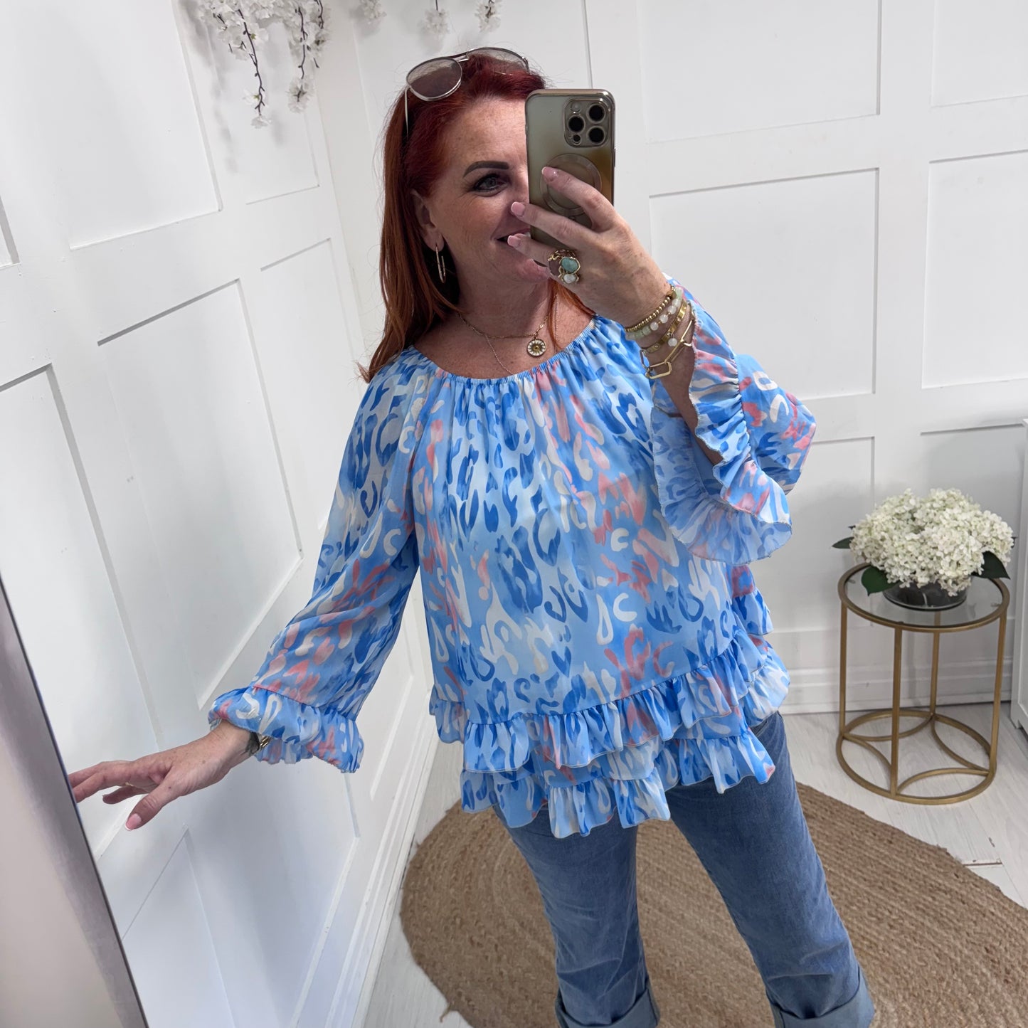 Foxy: Baby blue double frill chiffon top. One size: 10-20
