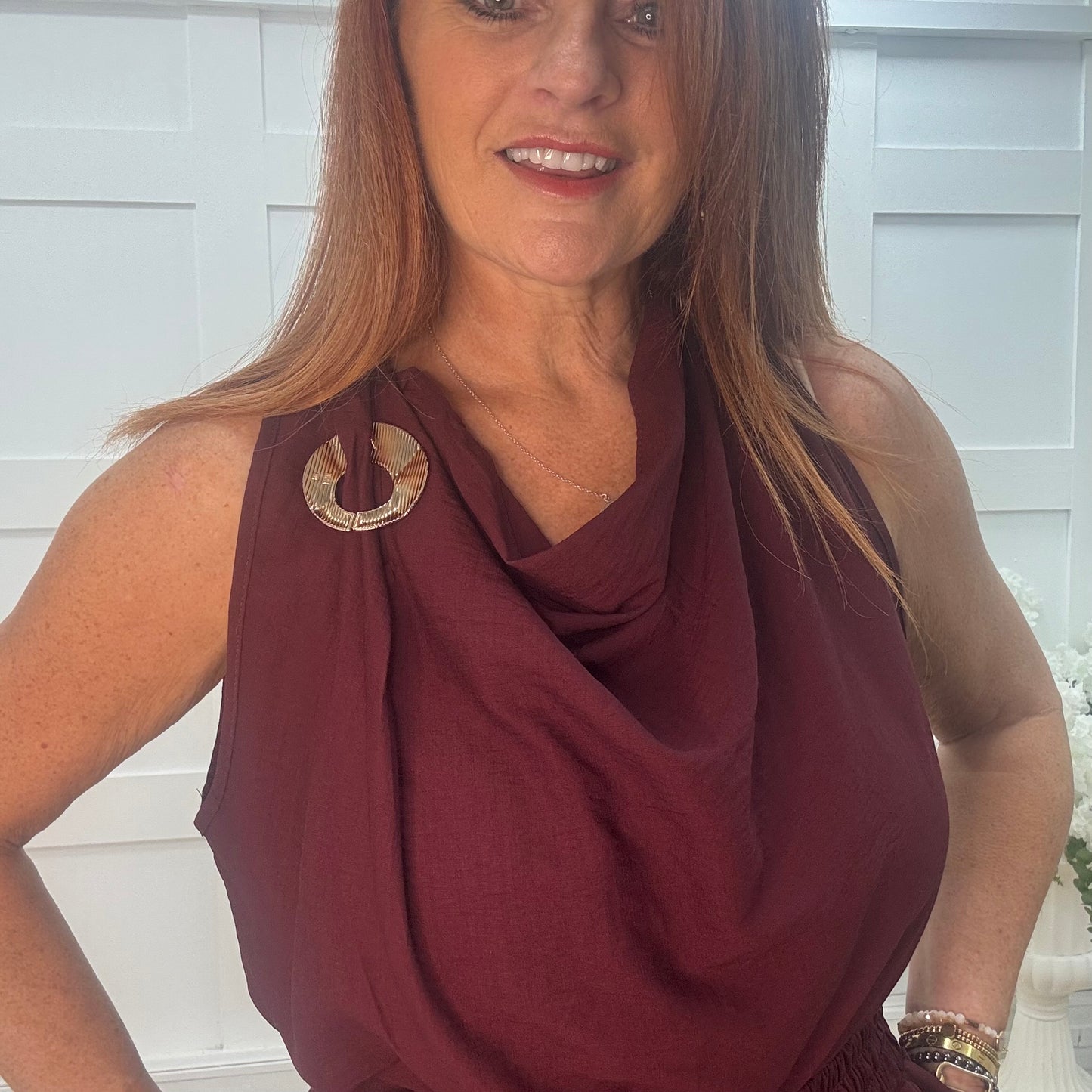 Melissa: Burgundy cowl neck top & trouser co-ord set. One size: 12-18