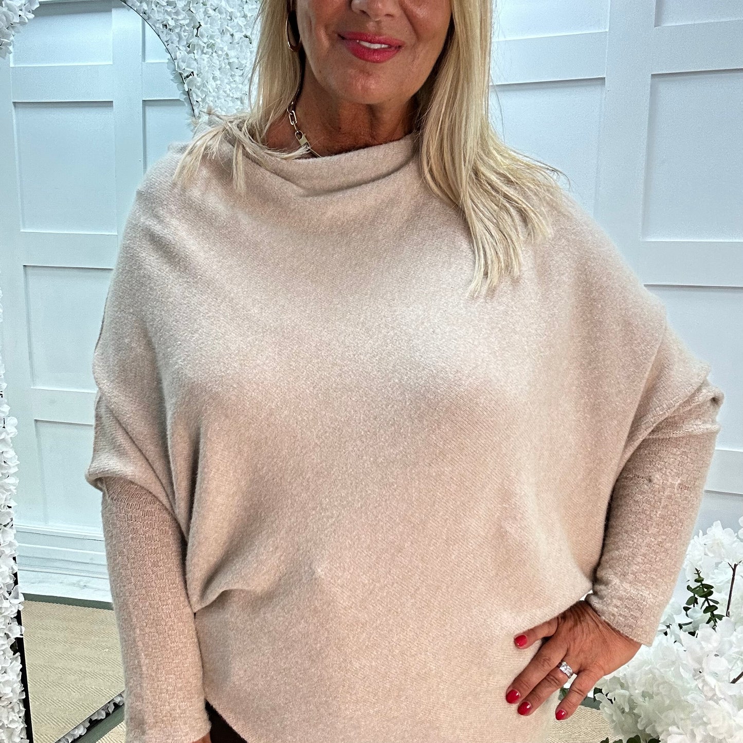 Erica: Stone asymmetrical slouch soft knit top. One size 10-18