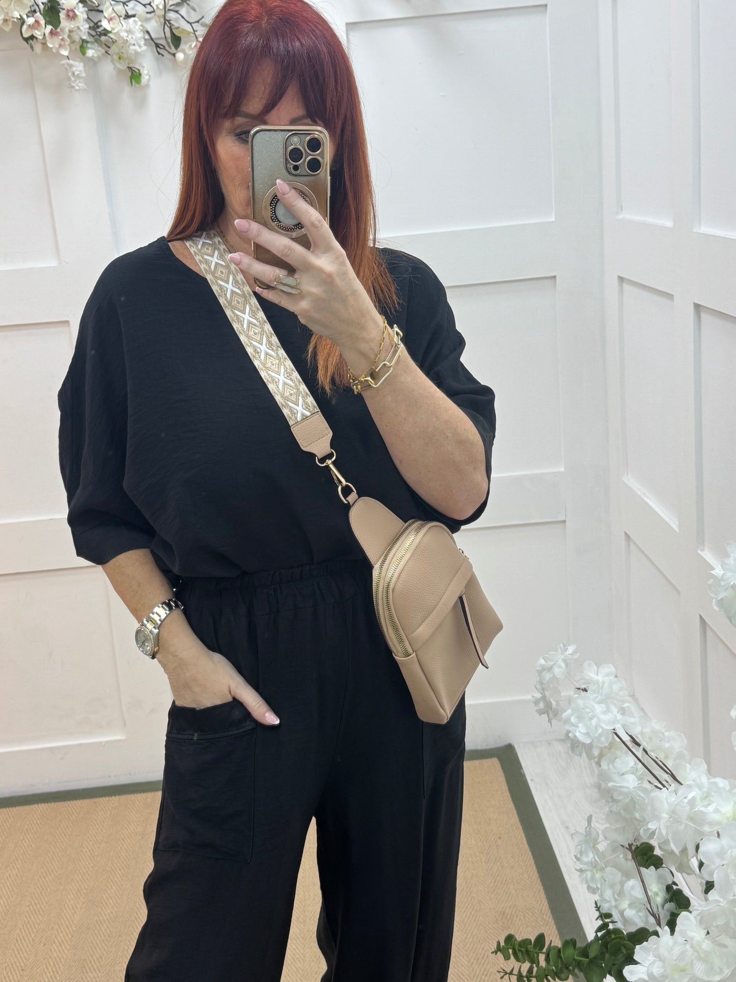 Bobbie: Black two piece silky trim trouser set. One size: 10-16