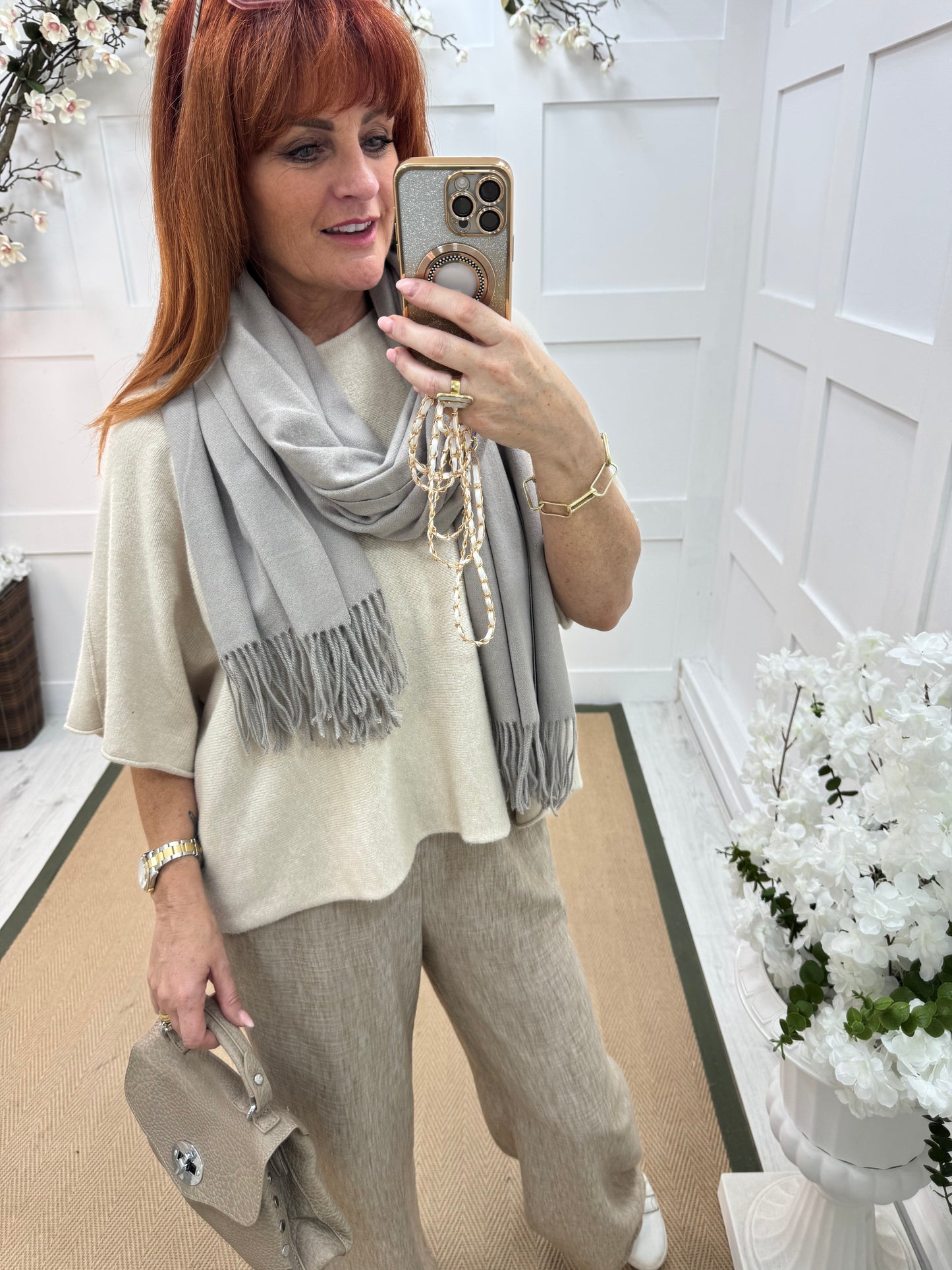 Indra: Plain taupe soft feel tassel scarf