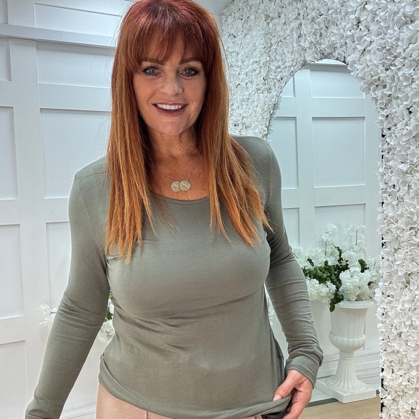 Bessie: Khaki basic long sleeve top. One size: 10-16/18