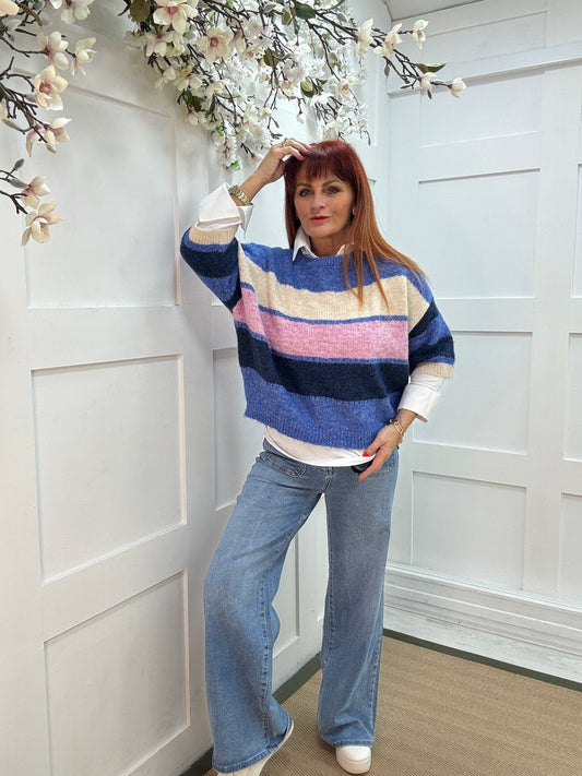 Della: Blue stripe short sleeve wool top. 2 sizes