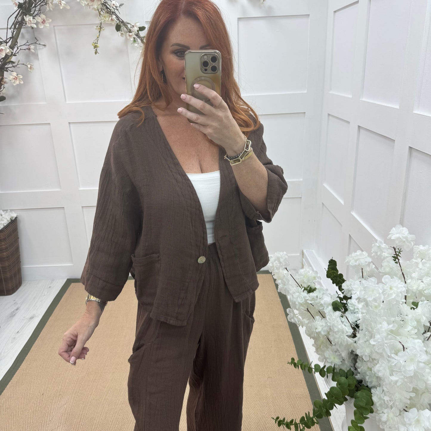 Kelsey: Brown jacket & trouser co-ord set. One size: 14-20/22