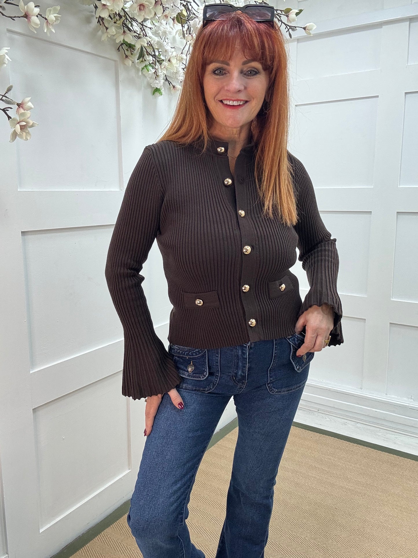 Verity: Brown gold button cardigan top. One Sz: 10-16