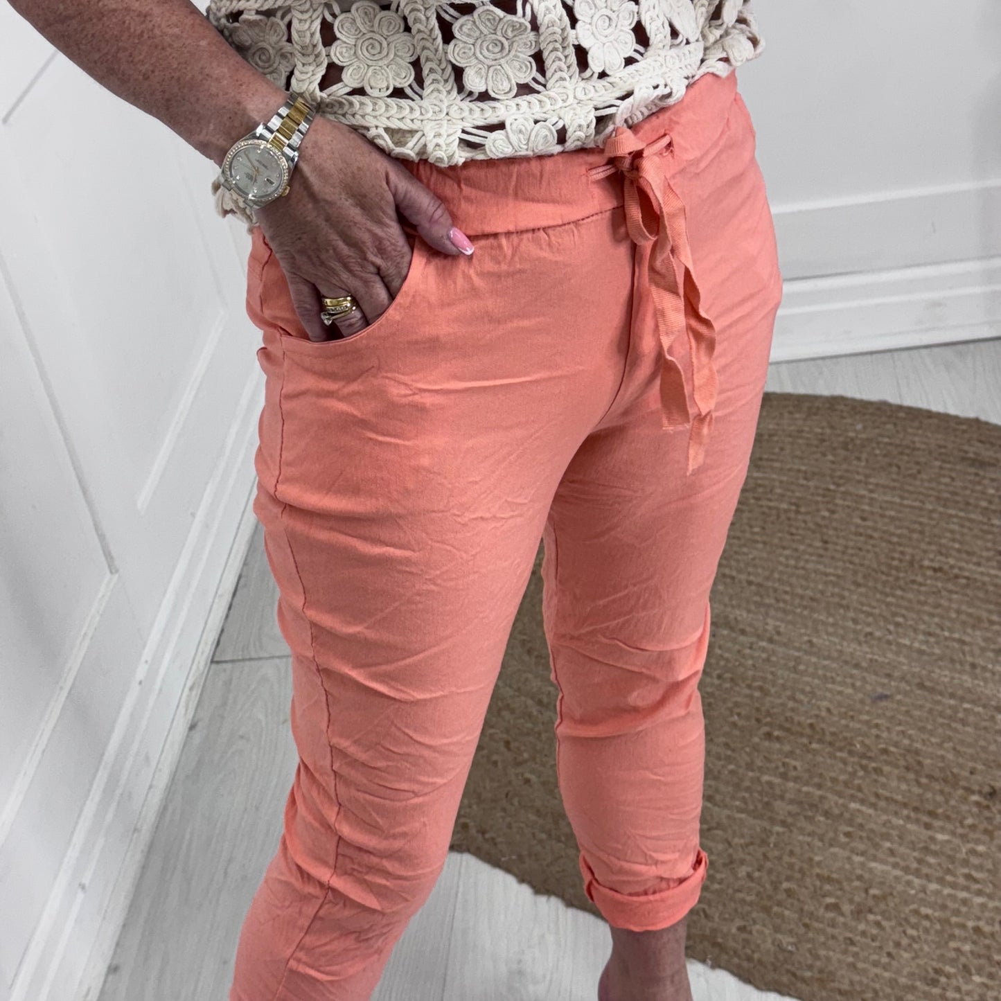 Marnie: Stretchy peach magic trousers with rear pockets. 3 Sizes: 10-22
