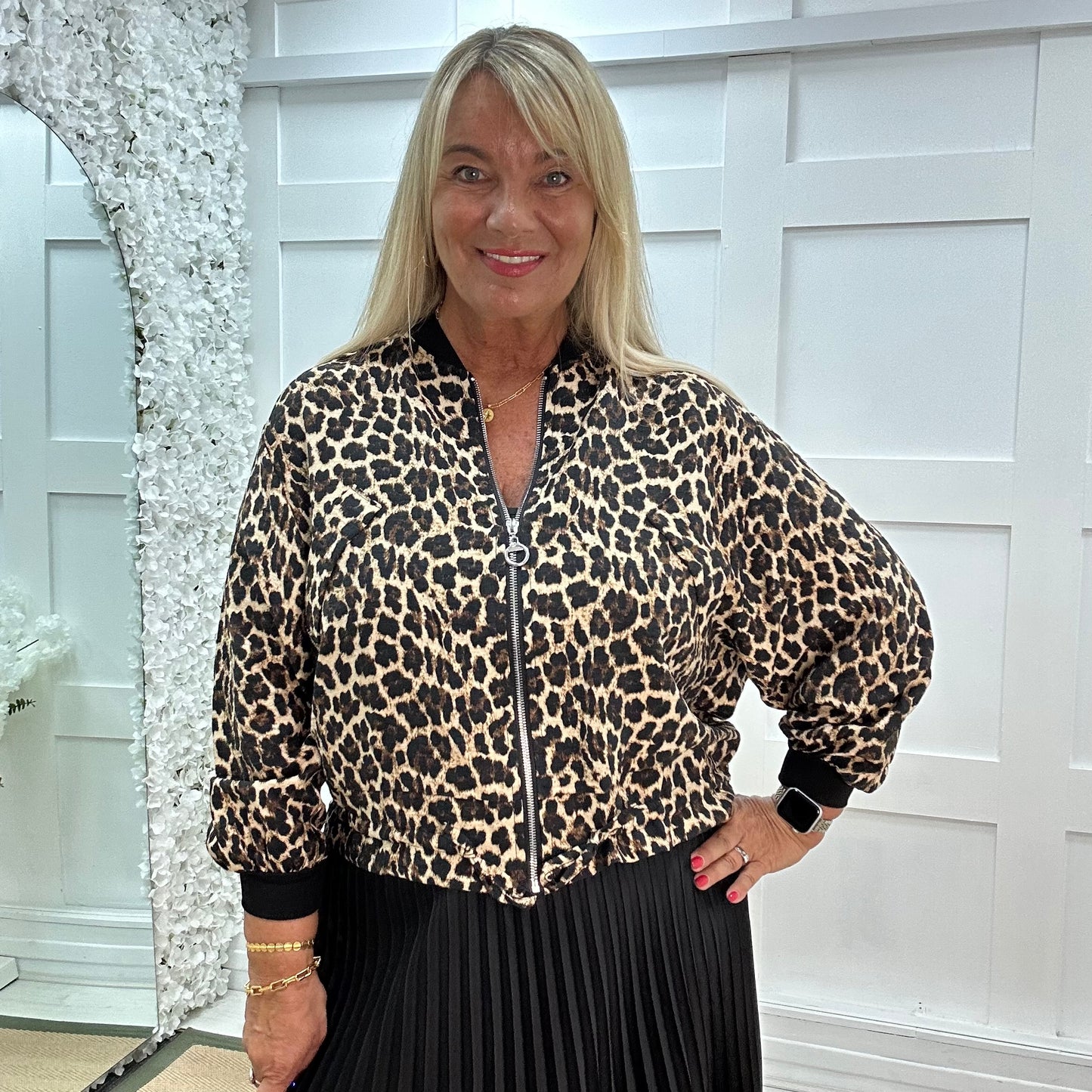 Lilia: Leopard print bomber jacket. One size: 16-20