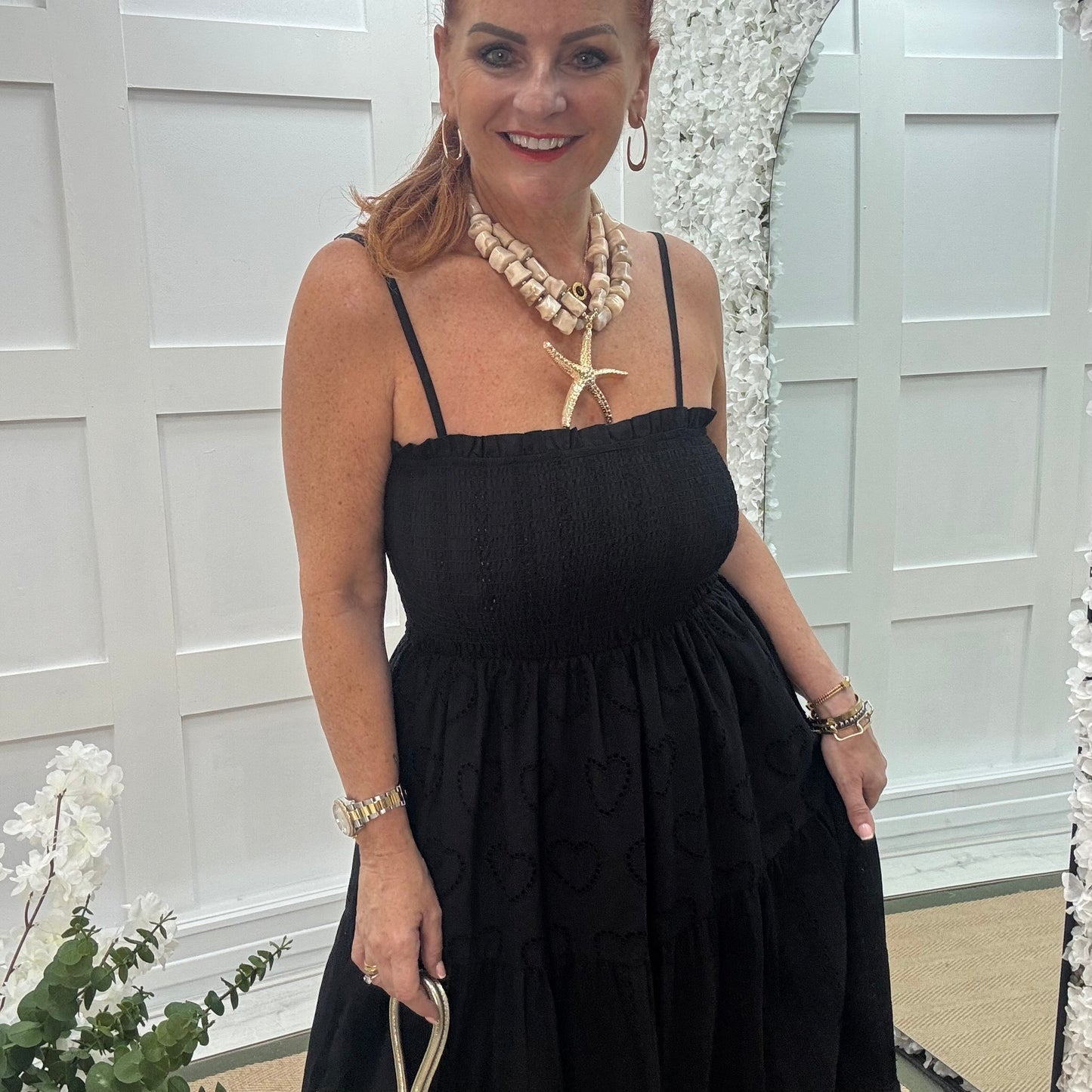 Perrie: Black broderie Anglaise strappy midi dress. One size: 10-18