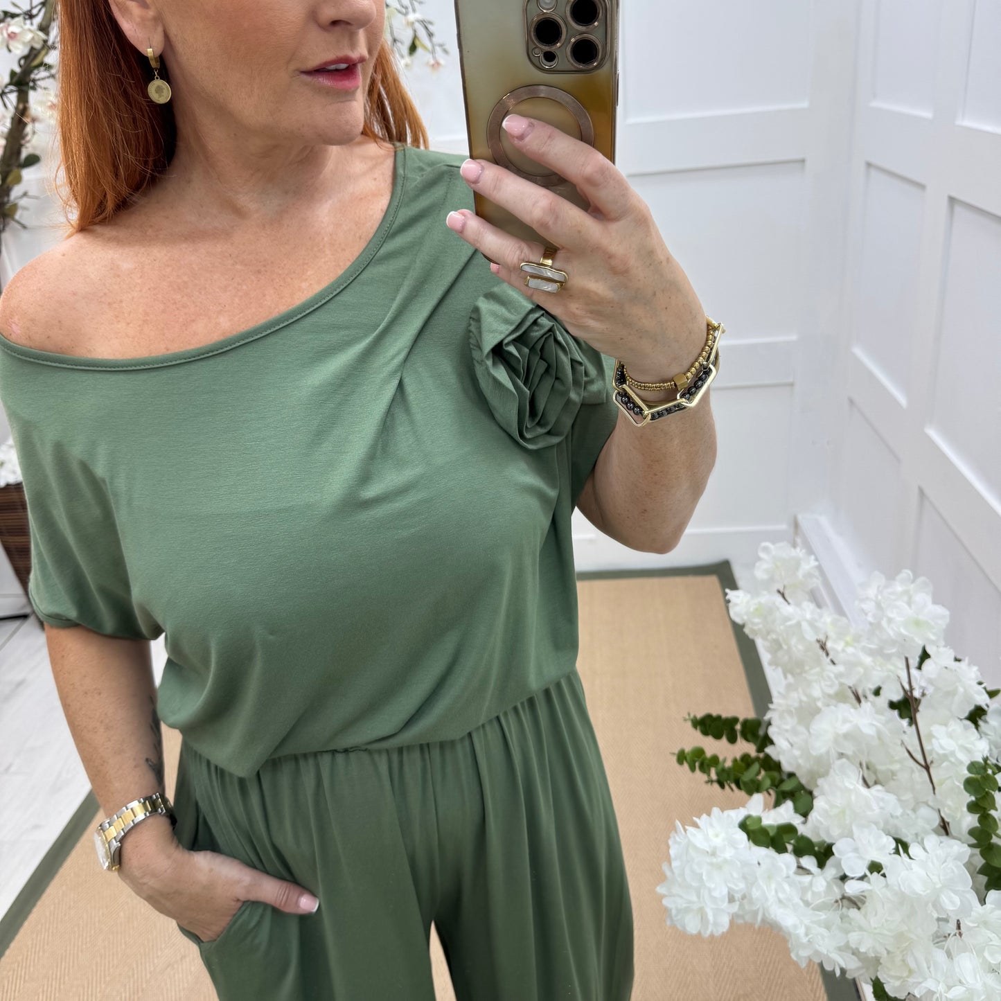 Rhianna: Khaki jersey draped wide leg jumpsuit. One size: 10-16