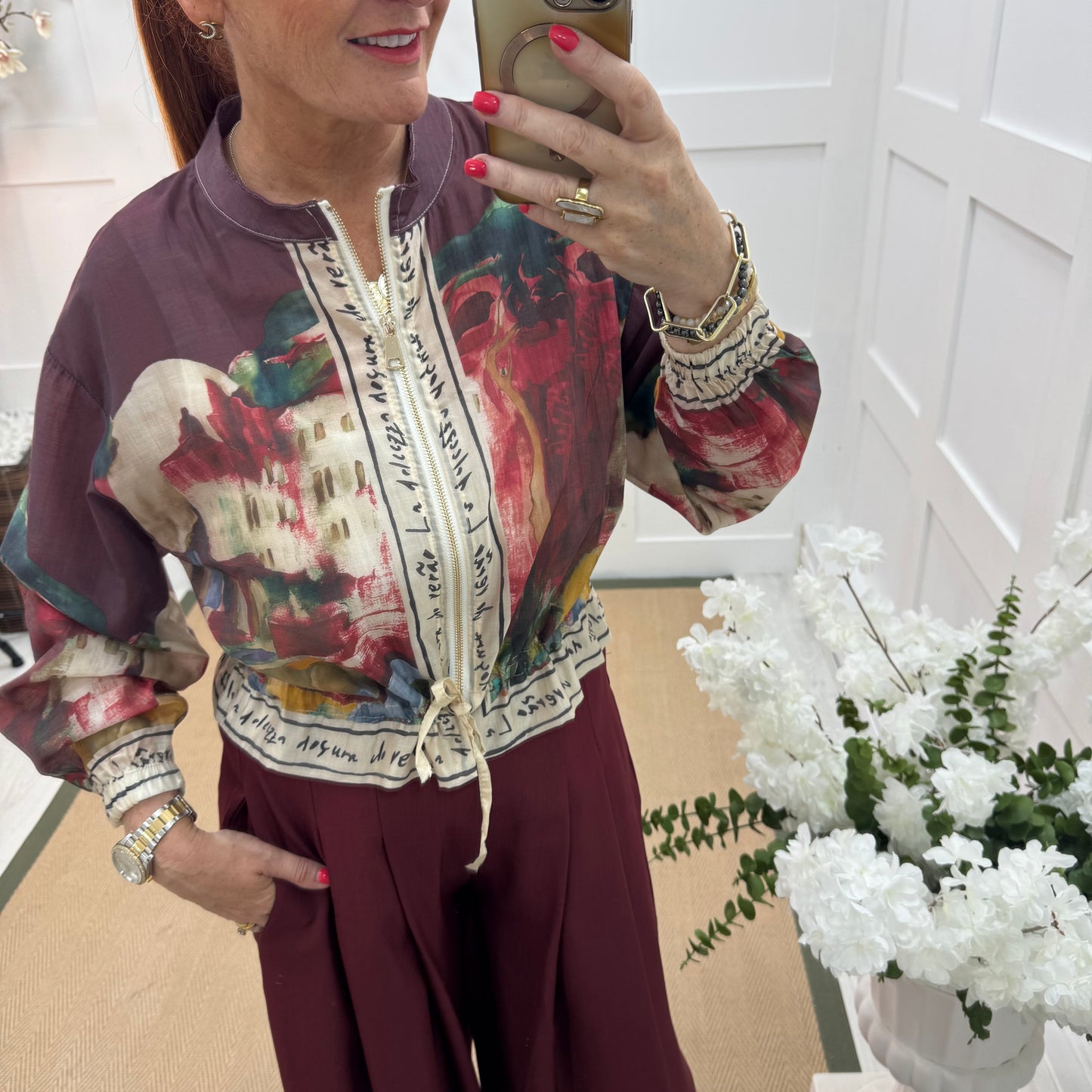 Steph: Silky burgundy Amalfi printed bomber jacket. One size: 8-18