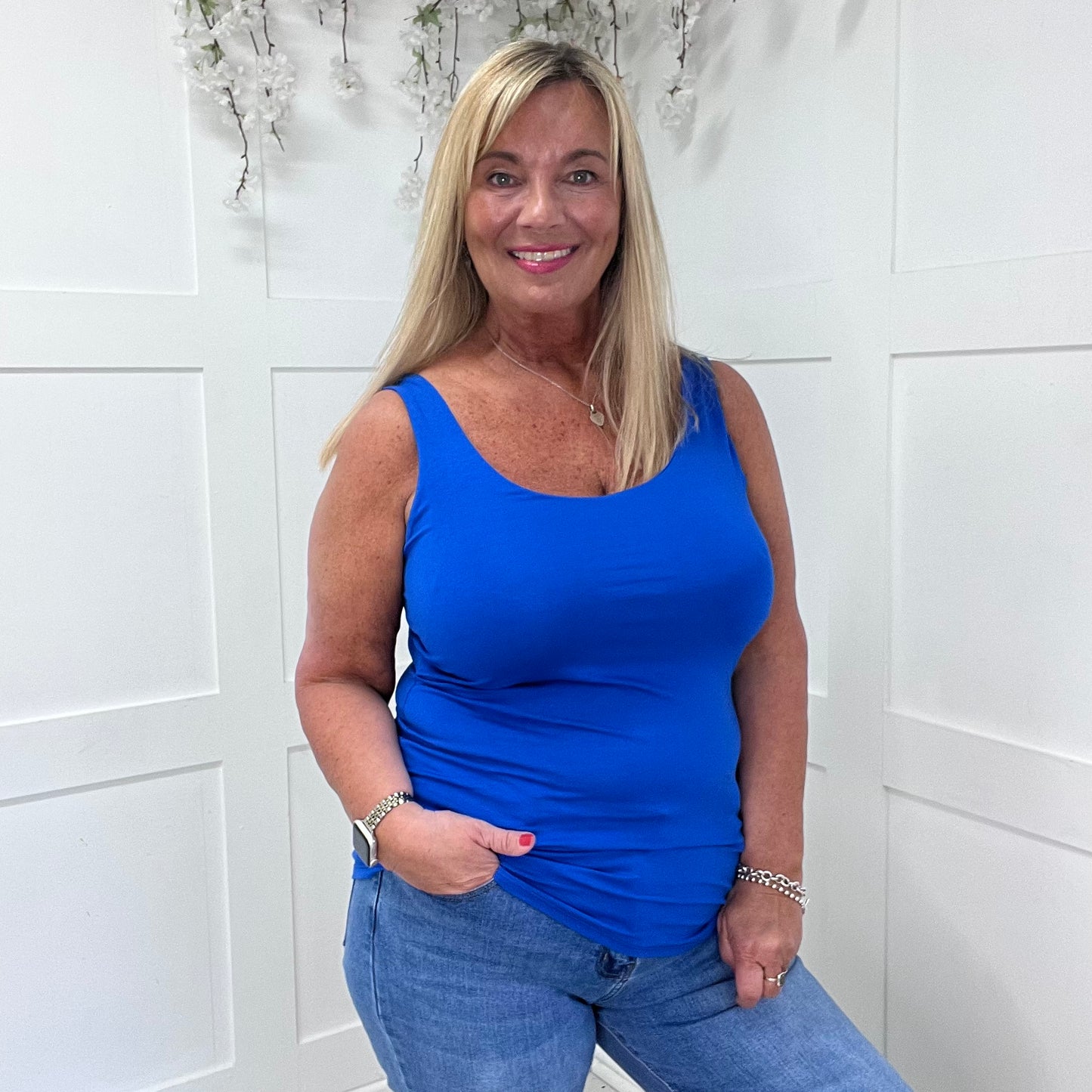Abigail: Stretchy royal blue basic vest top. 2 sizes