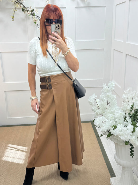 Raine: Tan faux leather belted asymmetric skirt. One size: 12-16