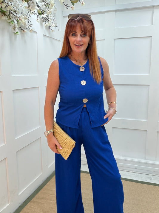 Sian: Buttoned V neck waistcoat & trouser set. One Sz: 10-16. 2 colours