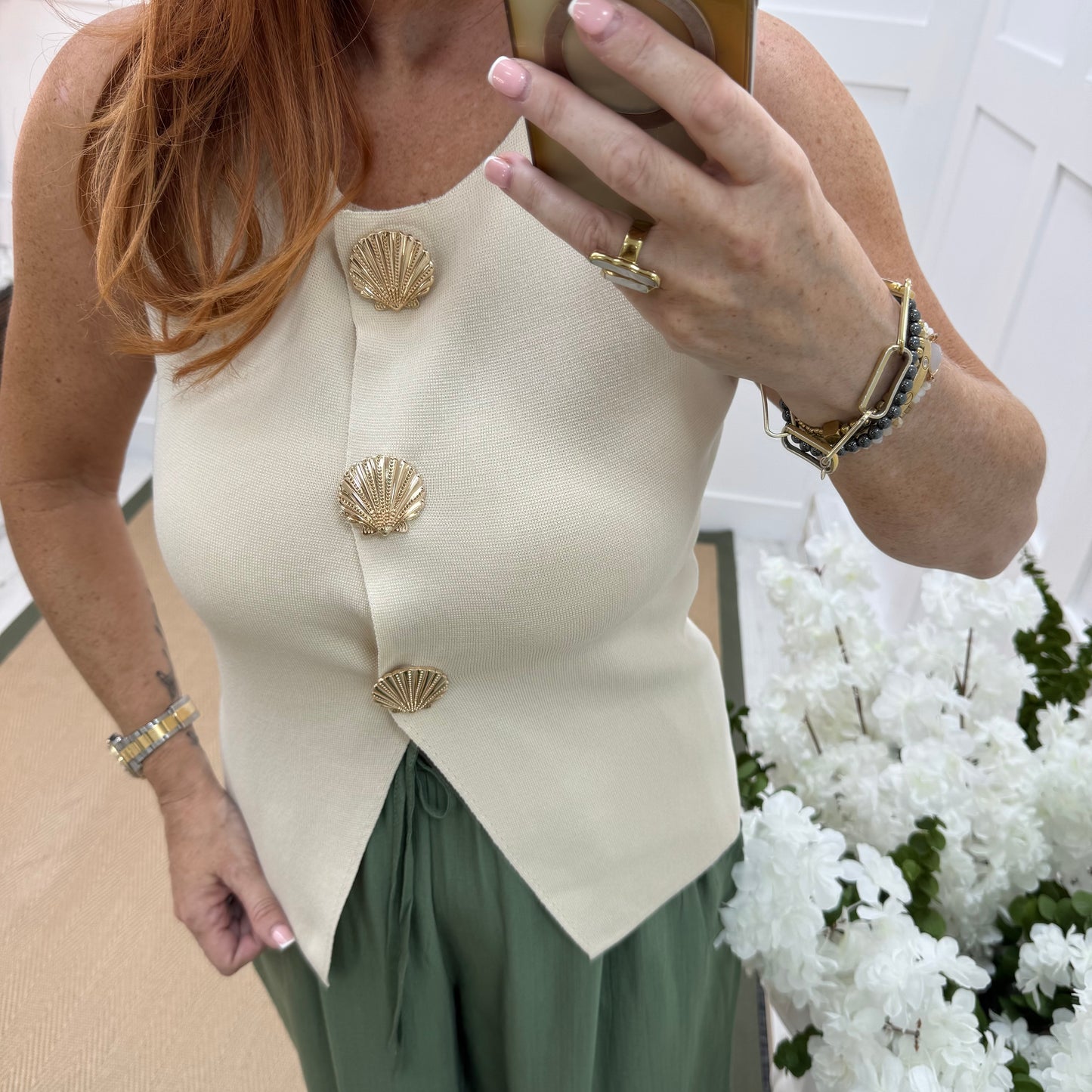 Laura: Cream fine knit gold shell waistcoat. 2 sizes