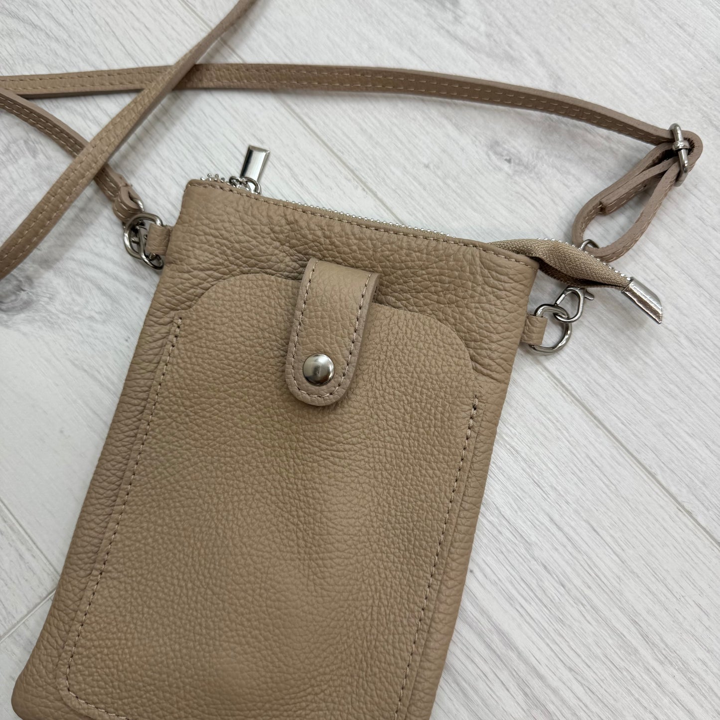 Petra: Taupe Italian leather phone cross body bag