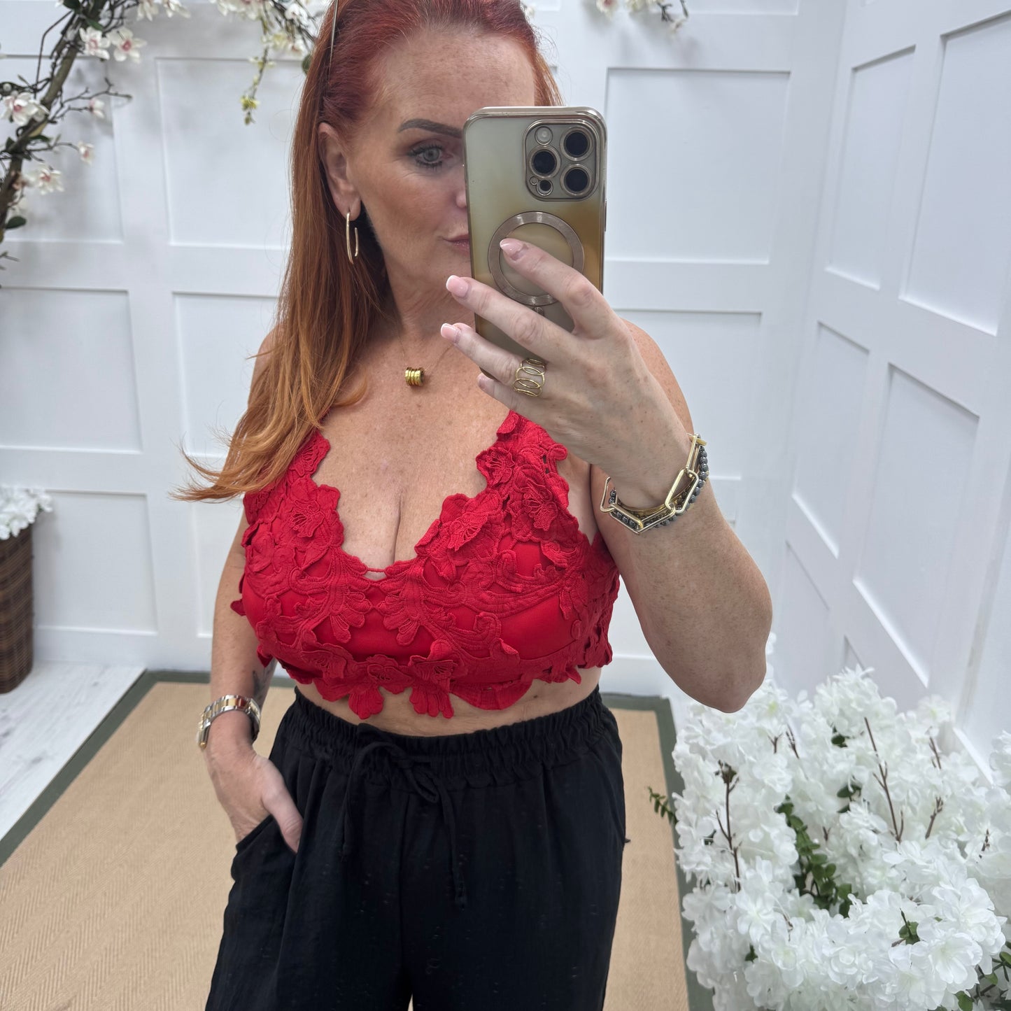 Lacey: Red applique crop bralette. One size 8-14