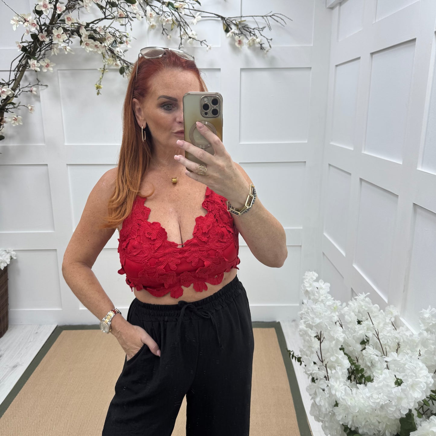 Lacey: Red applique crop bralette. One size 8-14